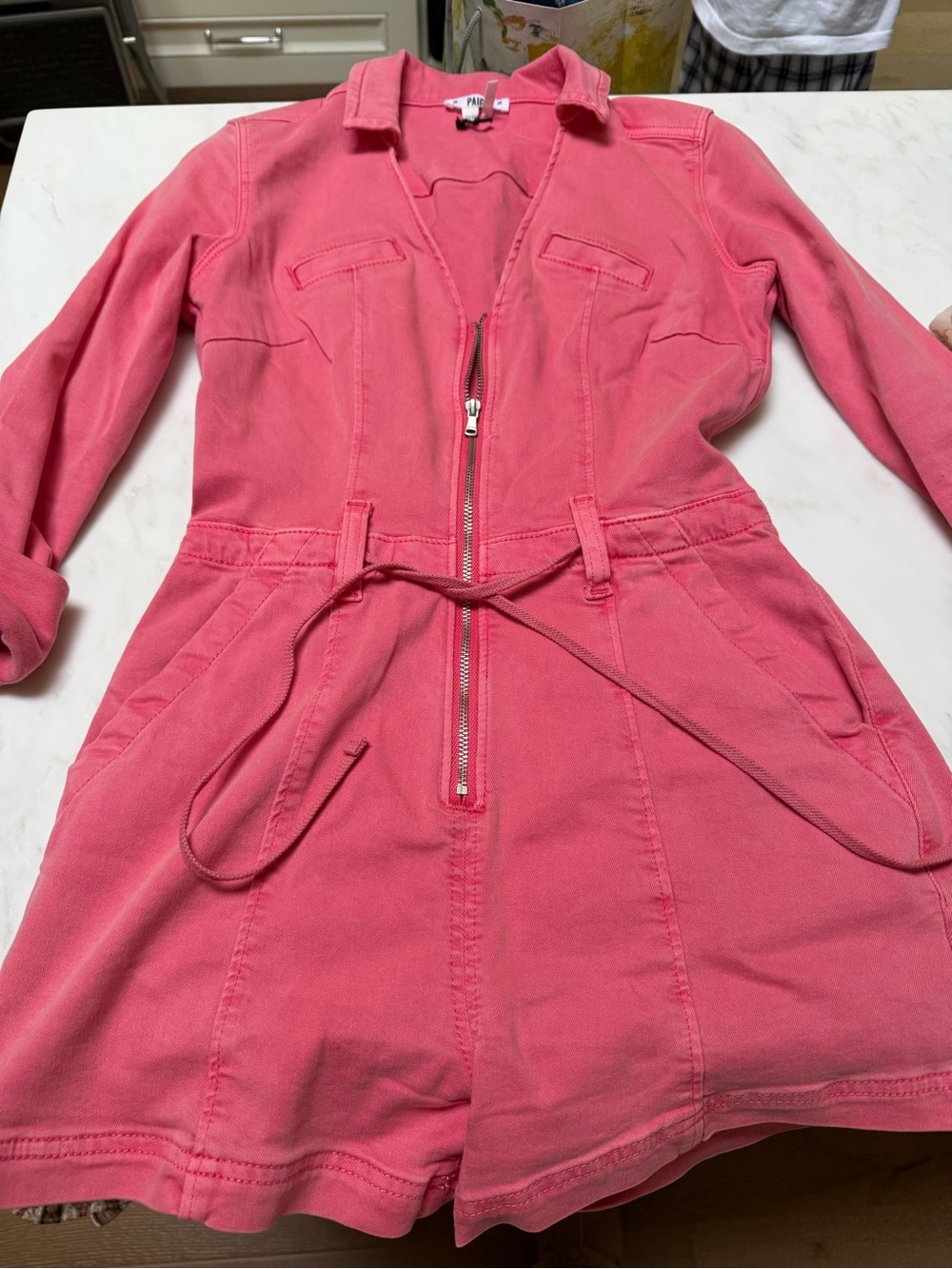 PAIGE Coral-Pink Zip Front denim romper